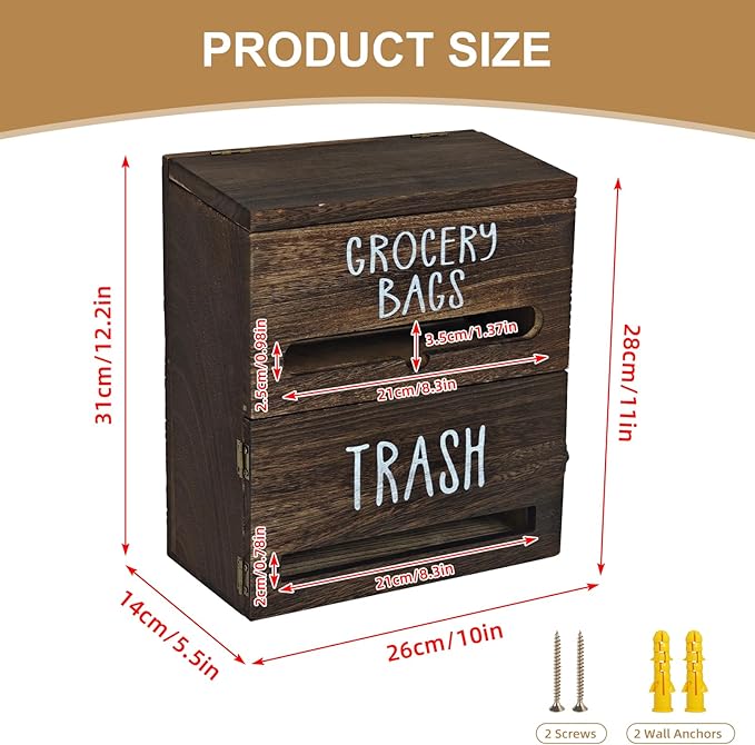 2 in 1 Trash Bag Dispenser, Double Wall Mounted,Wood Trash Bag Holder, used in kitchen, garage, laundry room, can store Environmentally friendly food bags and garbage bags(Dark Wood