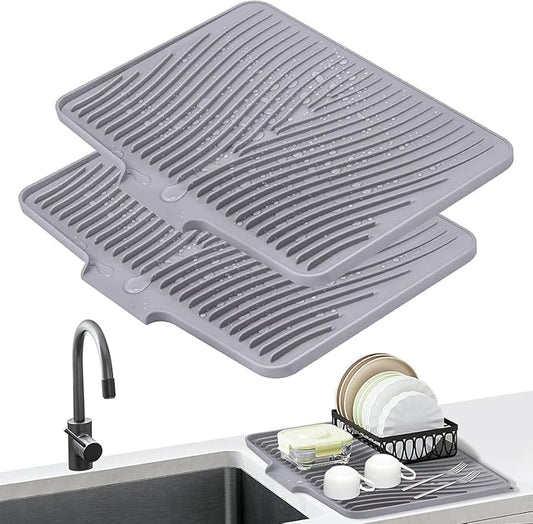 Silicone Dish Drying Mat for Kitchen Counter, Dish Drying Pad, Non-Slip Drain Pad with Built-in Drain, Heat Resistant Stone Drying Mat,Grey, 2pcs-XL