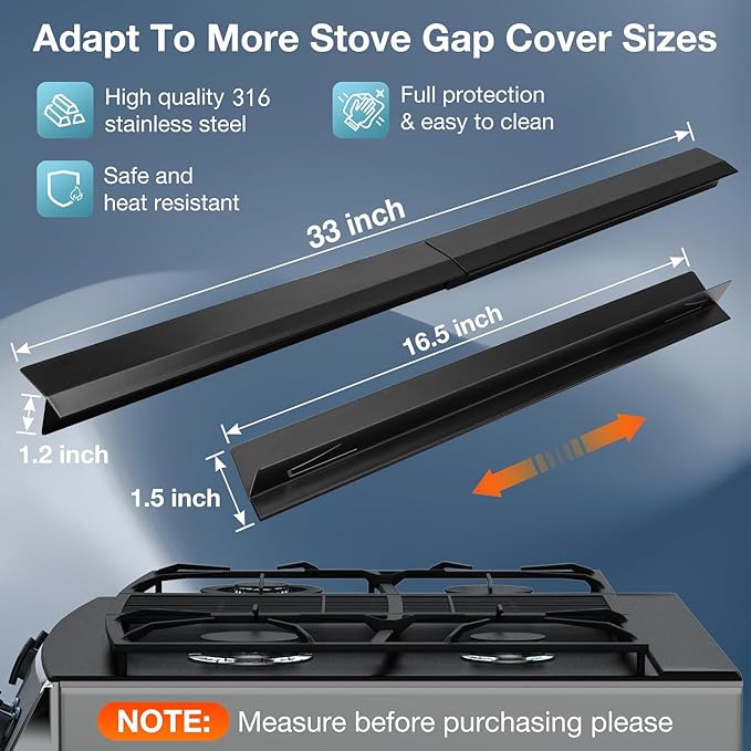 16.5"-33" Stove Counter Gap Covers, Stainless Steel Stove gap Guard, Cooktop Trim Kit, Stove Gap Guards, Oven Gap Filler, Heat Resistant & Effectively Protect Stove Gap Filler,BLACK(2PCS)