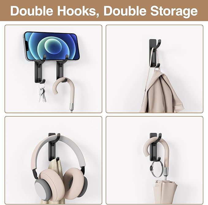 pickpiff Adhesive Wall Coat Hooks - Heavy Duty Stick-On Door Hanger, Metal Hook for Hanging Towel,Purse, Robe, Backpack, Jacket, Clothes - for Bathroom,Dorm, Closet, Kitchen - Black, 10 Pack