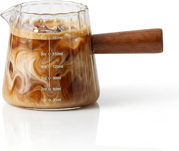 6 oz Espresso Cups With Wood Handle, Espresso Accessories, Ribbed Milk Frothing Pitcher, Glass Measuring Cup, Shot Glass with V-Shaped Mouth, Coffee Bar Epresso Shots Cup
