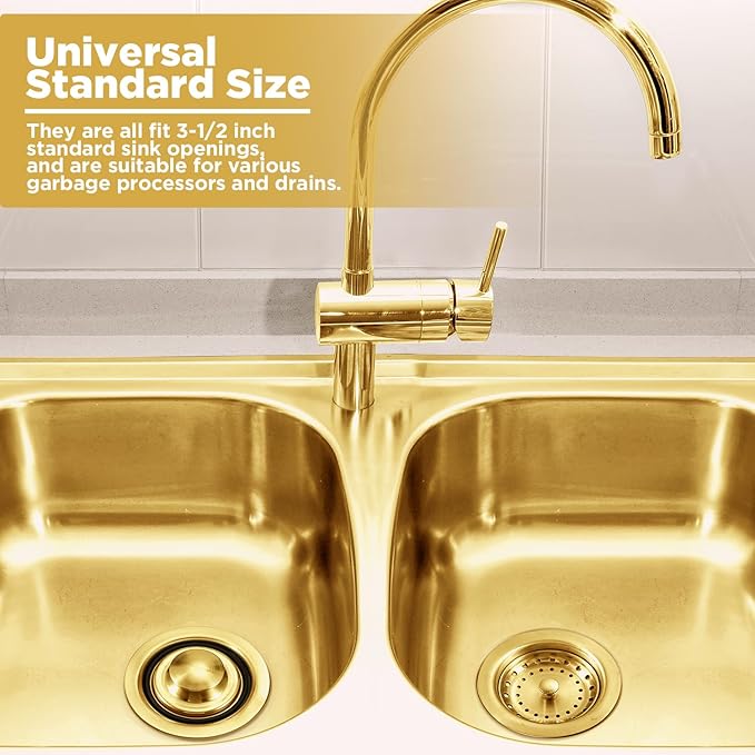 Norme 5 Pcs 3-1/2 Inch Kitchen Sink Drain Strainer Assembly Garbage Disposal Flange Stopper Plug Garbage Disposal Splash Guard Stainless Steel Sink Drain Strainer Replacement Kit(Gold)