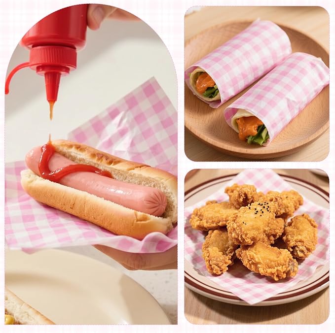 100pcs Waxed Deli Paper Sheets, 7x7" Food Basket Liners for Sandwiches, Burgers. Pink Checkered Deli Wrap Wax Paper Sheets by Neyimqr