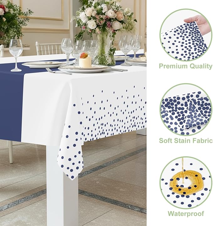Smiry Plastic Table Cloth Disposable 3 Pack, 54 x 108 Inch Rectangle Waterproof Tablecloth, Printed Gold Table Runner Style for Birthday Weeding, Party Decorations, Leakproof & Sturdy, White and Navy