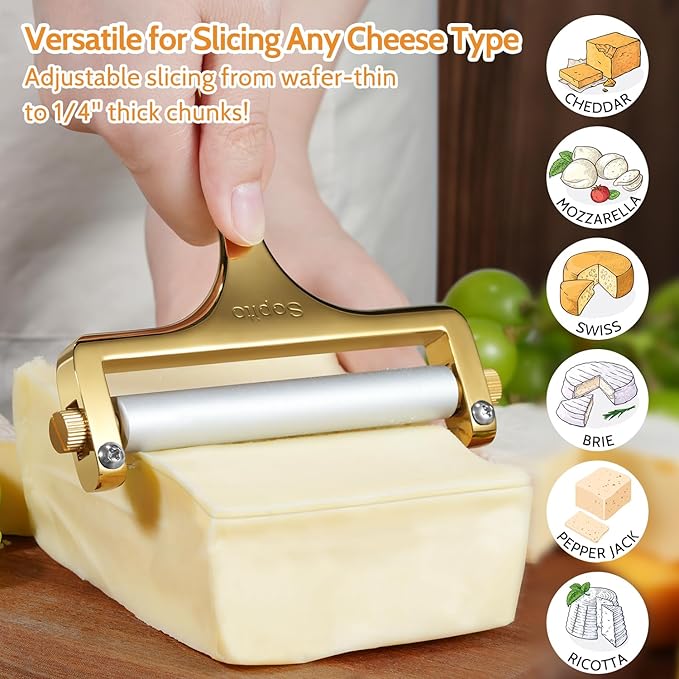 Sopito Cheese Slicer Stainless Steel With 3 Extra Wires Great for Cheddar, Gruyere, Raclette, Mozzarella Cheese Block, Gold