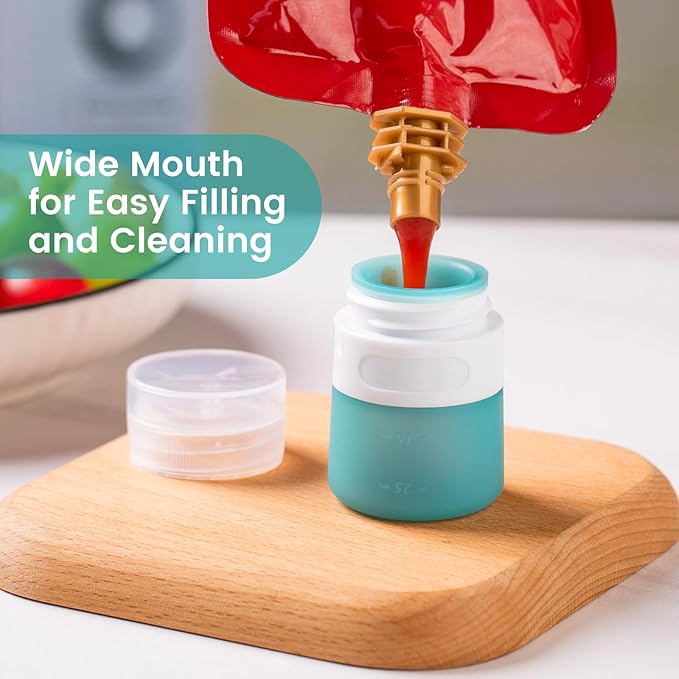MICEBAY Condiment Squeeze Bottles for Sauces, 1-oz Mini Silicone Salad Dressing Container to Go with Snack Storage Bag, Leakproof Sauce Bottles for Lunch Box, 4 Pack, Mint