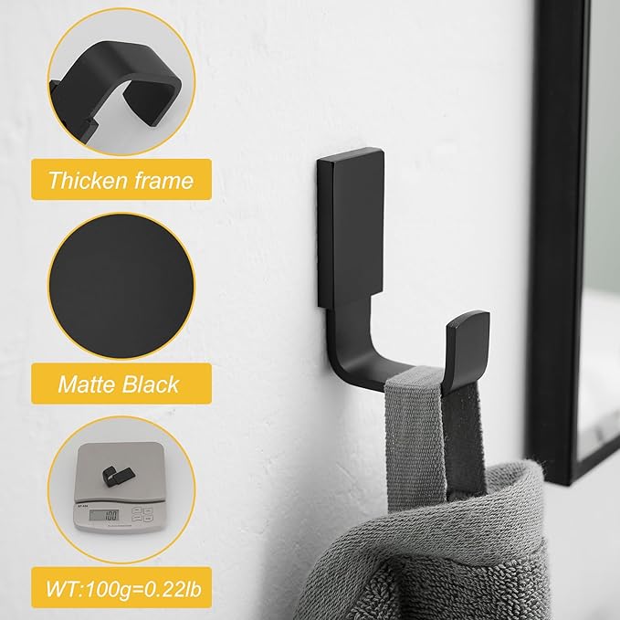 BESy Brass Clothes Hook Single Towel Hook for Bathroom Kitchen Garage Square Style Robe Hooks Coat Hooks Hat Hook, Wall Mounted with Screws, Four Packs, Matte Black