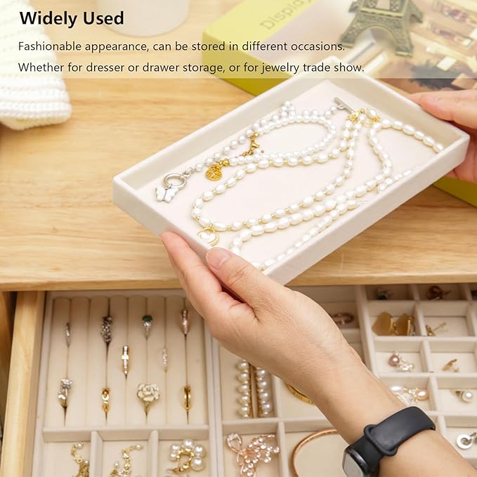 Velvet Jewelry Organizer for Drawer, Stackable Jewelry Drawer Inserts in Dresser, 8in Beige Storage Display Case for Rings Stud Necklaces Accessories, Set of 12