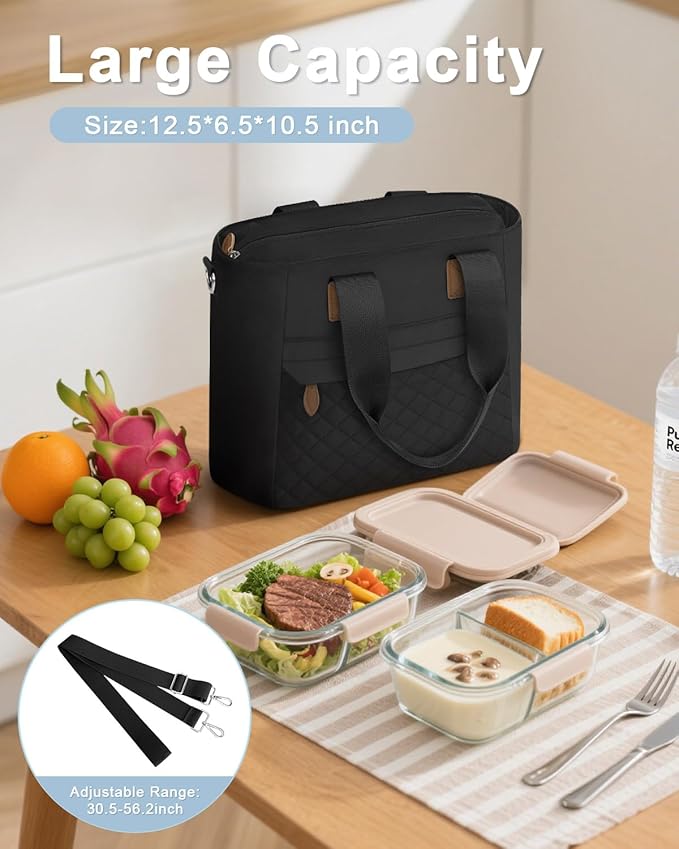 Insulated Lunch Box for Women & Men - Large Thermal Lunch Bag Women with Removable Shoulder Strap, Reusable Lunch Cooler Tote Bags Purse for Adults Work, Picnic, Hiking, Beach, Travel, Medium，Black