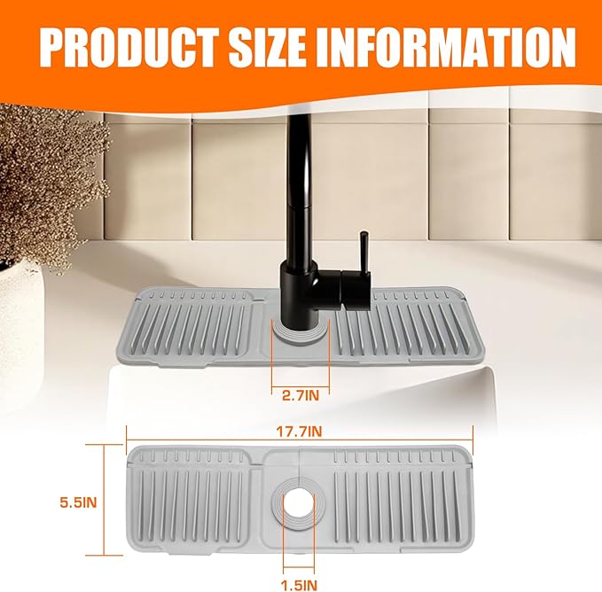 17.7" Gray Button Style Faucet Drip Catcher – Silicone Faucet Mat for Kitchen Sink, Leak-Proof Splash Guard with 6° Slope | Behind Faucet Draining Mat & Easy Gadgets for Bathroom & Kitchen Countertops