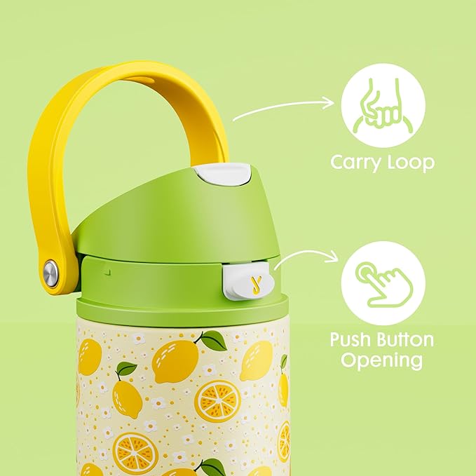 18 oz Stainless Steel Water Bottle for Kids: Meoky Insulated Water Bottle with 2-in-1 Straw and Spout Lid - Leak Proof, Cold for 24 Hours, BPA-Free for Boys Girls School Backpacks Sports, Sunny Lemons