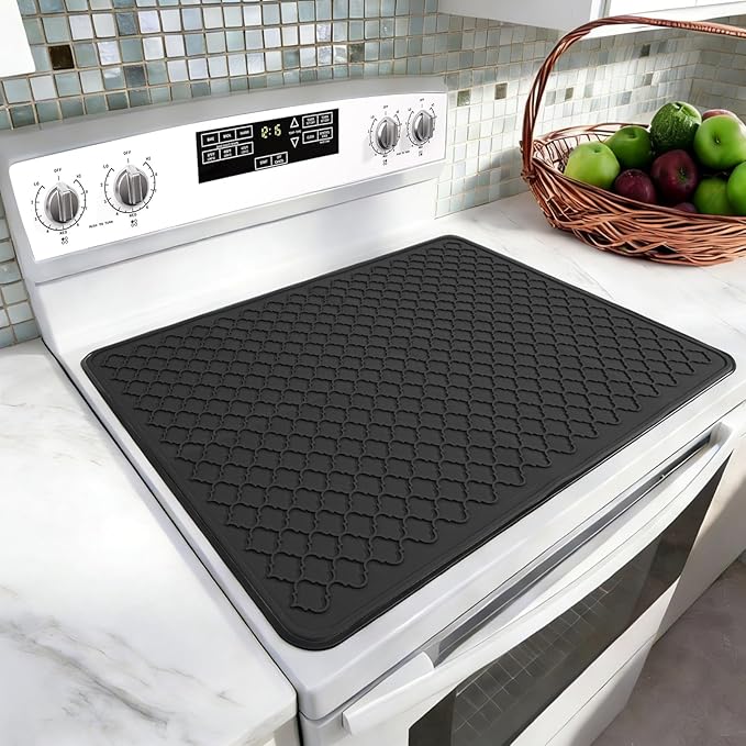 LONGKING Stove Top Cover for Electric Stove - Silicone Stove Mat for Glass Top Stove, Dish Drying Mats For Kitchen, Range Covers for Electric Stove (Black Grid, 28 x 20)