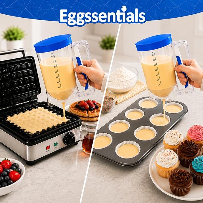 Eggssentials Batter Dispenser – Easy Pour Pancake Batter Dispenser for Cupcakes, Muffins, Waffles & Griddle – Kitchen Baking Tool BPA-Free - Blue Color