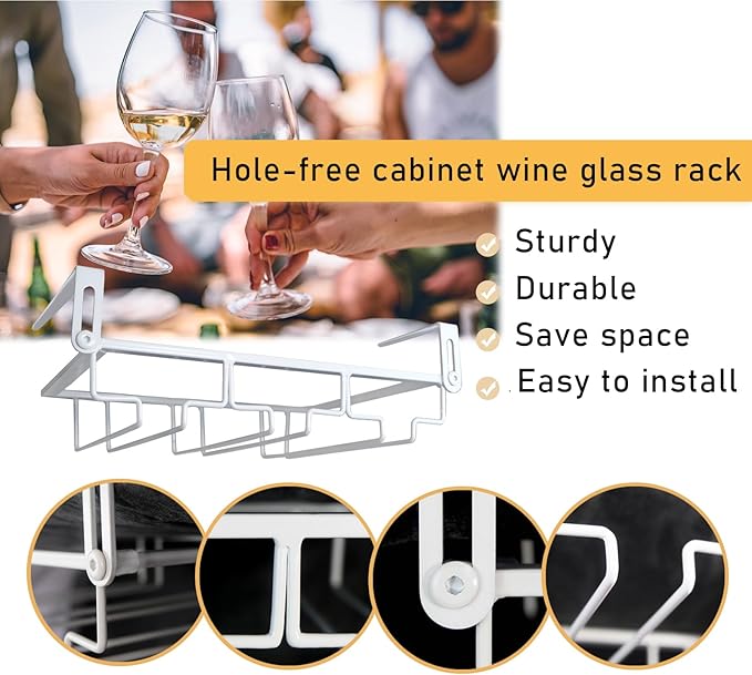 Adjustable Under Cabinet Stemware Holder - Metal Wine Glass Hanger Organizer for Kitchen, Bar, Shelf - Rustproof Hanging Storage Rack for 6-8 Glasses - Space Saving Decor (White, 3 Rows)