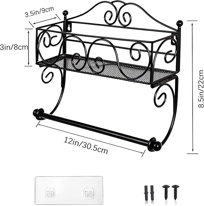Adhesive Paper Towel Holder with Shelf, Wall Mount, 12in Black for Kitchen, Hand Towel Holder for Bathroom with Shelf