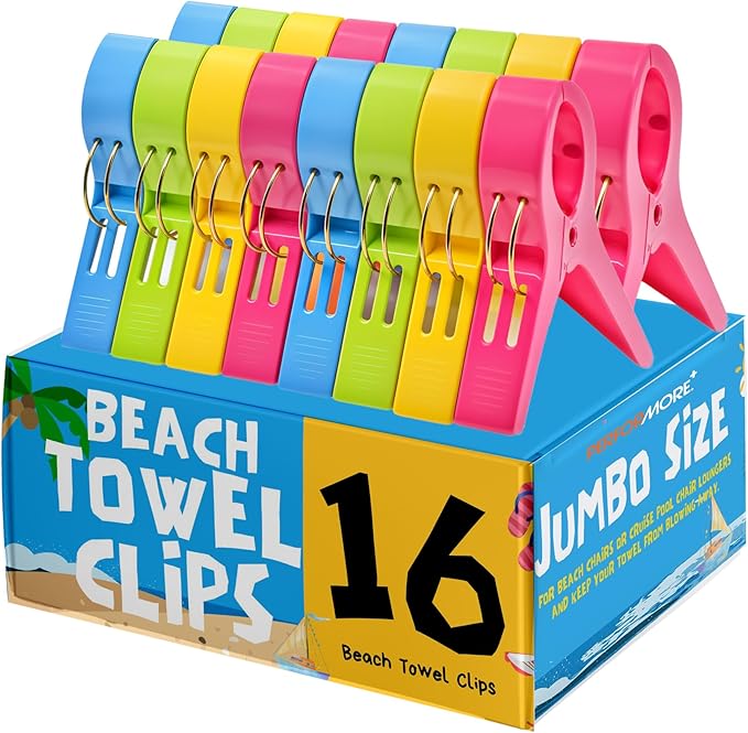 PERFORMORE 16 Pack Beach Towel Clips, Mixed Color (Blue, Green, Yellow, Pink) Jumbo Size Plastic Clothespins Hanging Clips Clamps, Towel Holder Clips for Beach, Pool Chairs on Cruise