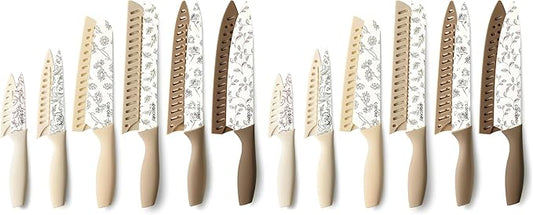 CAROTE 12PCS Knife Set, Kitchen Knife Set with 6 Blade Guards, Stainless Steel Knives Set With Nonstick Ceramic Coating, Rustproof, Delicate Floral Designs, White (Pack of 2)