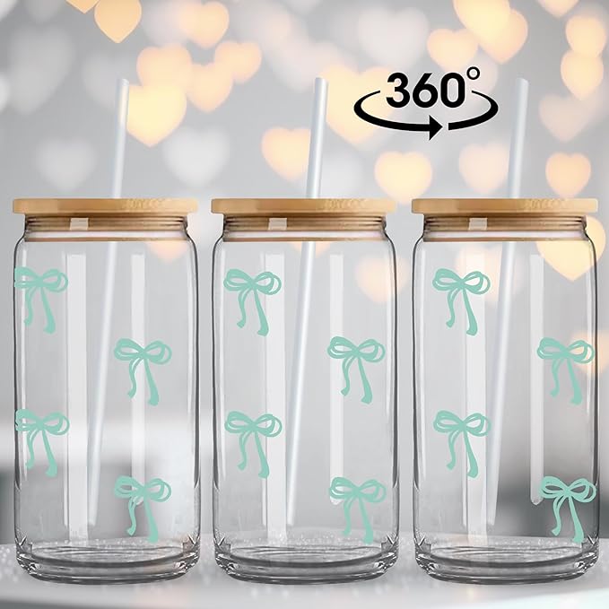 BIPEDS Coquette Cute Sage Green Bow Glass Cups with Lids and Straws, Aesthetic Iced Coffee Cup Girly Preppy Tumbler Mug, Christmas Valentines Birthday Gifts for Women, Teen Girl Gifts Trendy Stuff