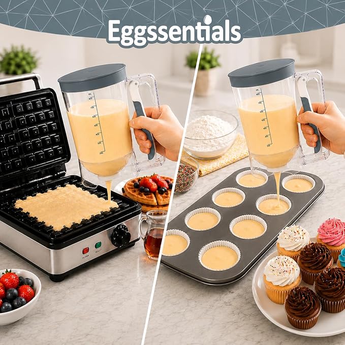 Eggssentials Pancake Dispenser – Easy Control Cake Mix Dispenser for Baking – Drip-Free Muffin & Cupcake Batter Dispenser with Handle – Great for Griddle Pancakes - Grey Color