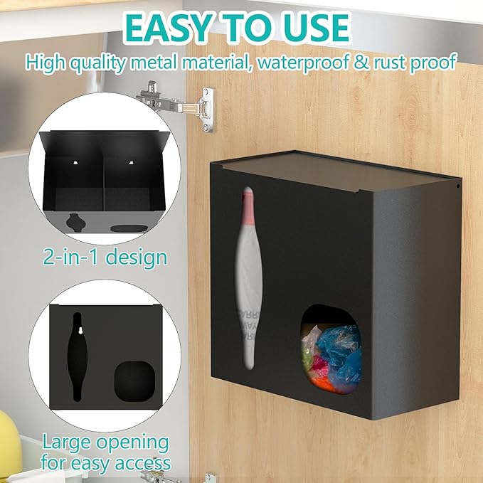 2 in 1 Grocery Bag Holder & Trash Bag Holder Dispenser, Kitchen Grocery Storage Organizer for Cabinet, Under Sink, Wall Mounted or Countertop, Metal Black