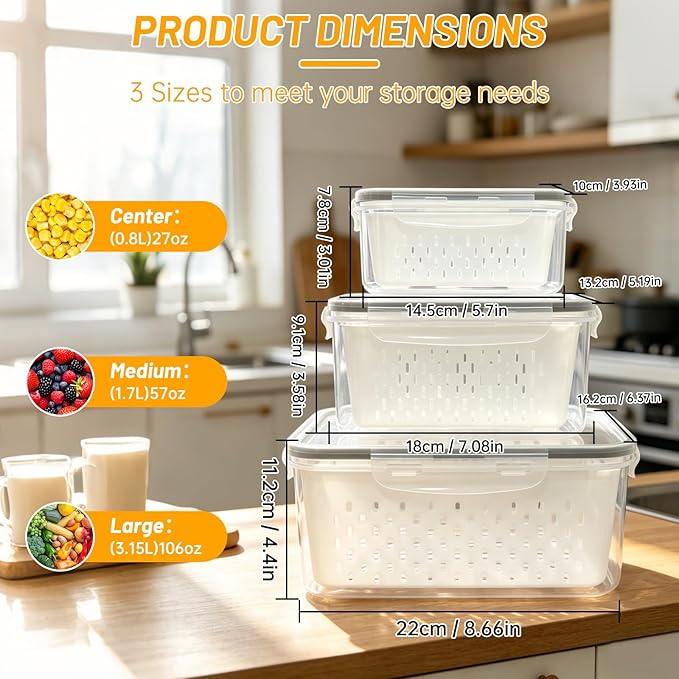 3 Pack Fruit Storage Containers for Fridge with Removable Colander, Airtight Produce Storage Containers for Fridge, 4-in-1 Fruit and Vegetable Storage, Berry Keeper, Stackable Veggie Containers