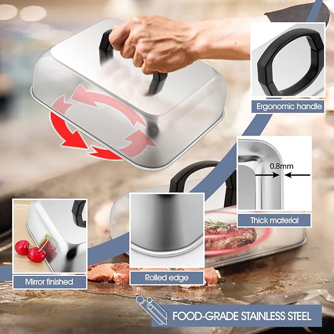 HaSteeL Cheese Melting Dome Set of 2, Stainless Steel Rectangular 9x7 Inch Basting Steaming Cover, Heavy Duty Metal Grill Dome for Flat Top Teppanyaki Barbecue Cooking Indoor/Outdoor, Dishwasher Safe
