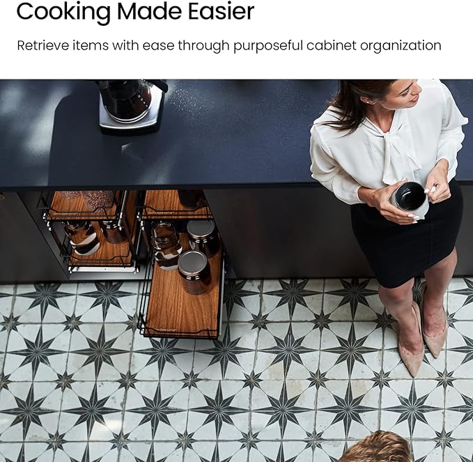 Home Zone Living Pull Out Kitchen Cabinet Organizer with 2 Tiers of Storage for Easy Access, 12”W x 20”D, Matte Black with Dark Brown, Virtuoso Collection