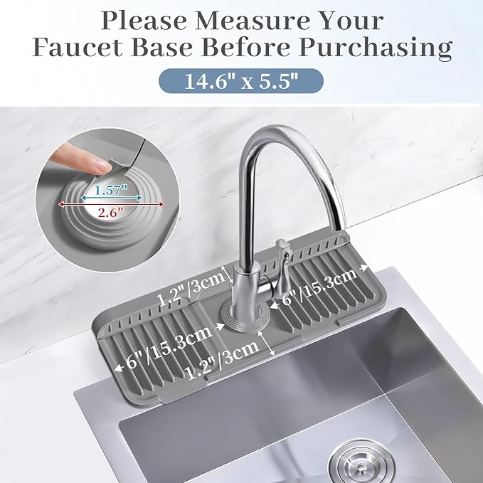PoYang 14.6 inch Faucet Mat for Kitchen Sink Splash Guard, 7° Slope Silicone Sink Water Splash Guard for Kitchen Sink Area with Snap Button, Small Sink Protectors for kitchen Sink Sponge Holder, Grey
