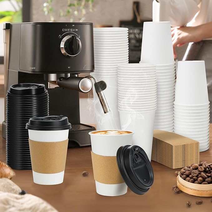 Lamosi 50 Pack 10 oz Disposable Coffee Cups with Lids and Sleeves, Leak-Proof To Go Paper Coffee Cups with Lids, Hot/Cold Beverage White Drinking Cup for Home, Office, Parties, Travel