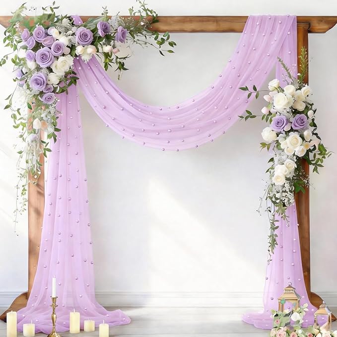 Socomi Pearl Table Runner Lilac Purple Summer Wedding Arch Draping Fabric 19FT Sheer Tulle Chiffon Gauze Cheese Cloth Outdoor Drapes for Birthday Party Baby Shower Bridal Engagement Decor