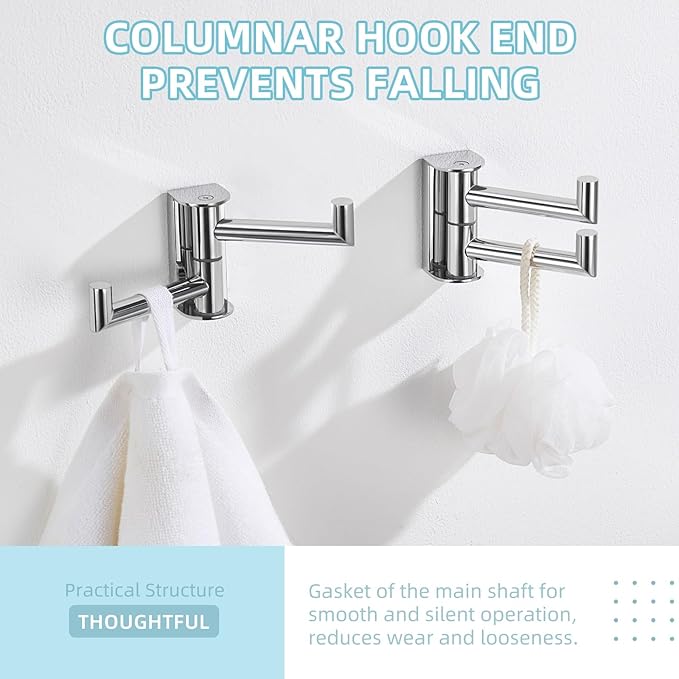 Angle Simple Swivel Hook for Towel Polished Chrome 2 Pack, 304 Stainless Steel Bathroom Towel Double Hook for Wall