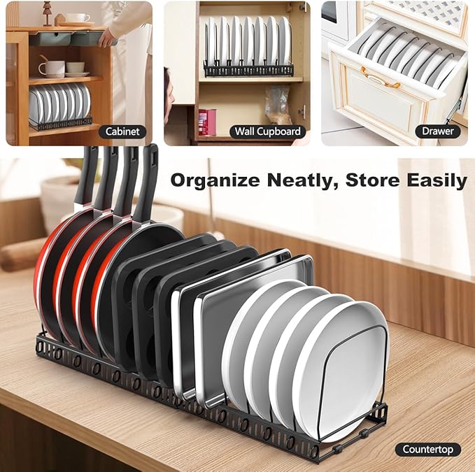 Housolution 2 Pack Baking and Cookie Sheet Organizer, 12"-23" Expandable Cutting Board Rack with 14 Adjustable Dividers, Bakeware Tray Muffin Pan Storage Organizer for Cabinet, Black