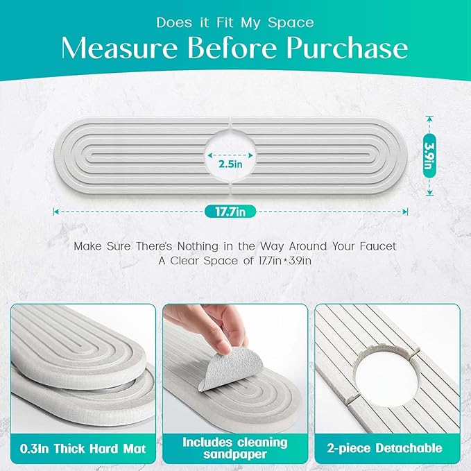 Stone Faucet Mat for Kitchen Sink – Diatomite Fast-Drying Stone Tray, Faucet Mat Sink Splash Guard, Decorative Sink Protector for Kitchen Bathroom Counter [Light Grey, 17.7''x3.9'']