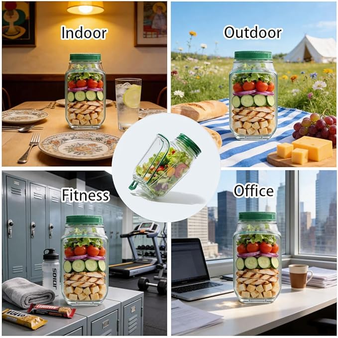 Portable Side Open Salad Jar with Leakproof Dressing Container - Removable Lid Converts to Bowl, Food Grade Reusable, Freezer Dishwasher Safe for Meal Prep Work Travel