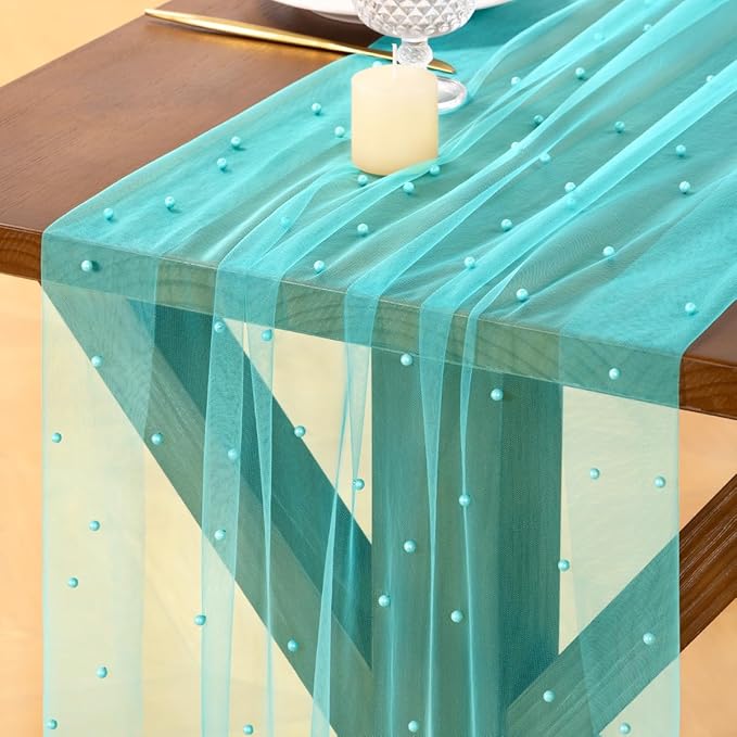 Socomi Pearl Table Runner Tulle Summer Cheesecloth 10FT Gauze Cheese Cloth Sheer Chiffon Wedding Birthday Party Baby Shower Bridal Anniversary Holiday Centerpiece Table Decor 3pcs Teal Blue