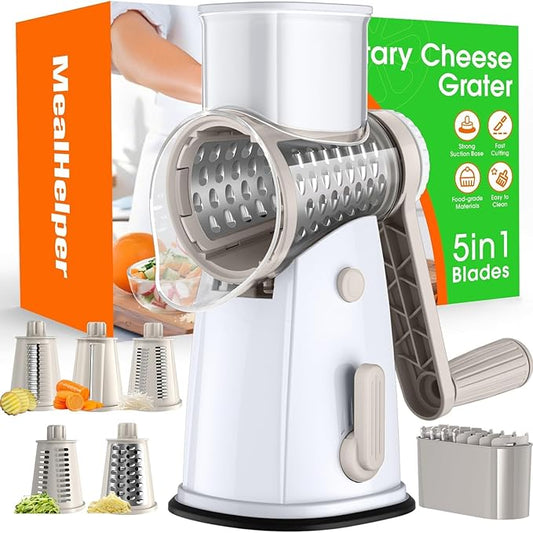 MealHelper 5 Blade Rotary Cheese Grater and Vegetable Chopper with Storage Box and Hand Crank, Compact Shredder for Cheeses, Veggies, Nuts - Easy to Use, Non-slip Suction Base,White