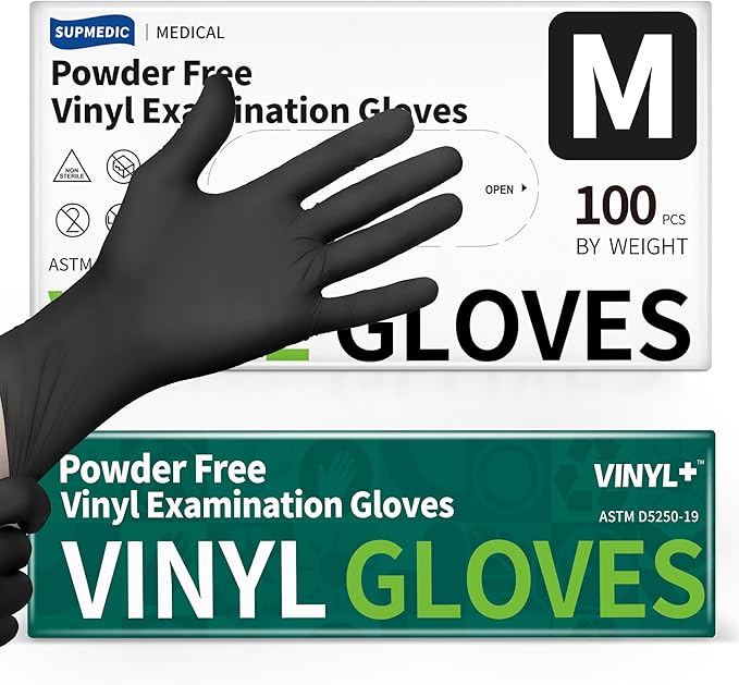 Supmedic Vinyl Disposable Exam Gloves, Black 4Mil Powder-Free Latex-Free Medical Food Safe Cooking Cleaning Glove 100 &1000Ct
