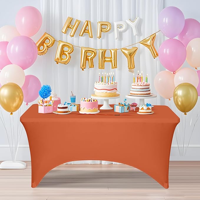 2 Pack 6 Feet Orange Spandex Tablecloth for Rectangular Tables, Fitted & Stretch, Washable, Wrinkle Resistant, Perfect for Event, Wedding, Party, Banquet, Cocktail, Festival, and Table Protector