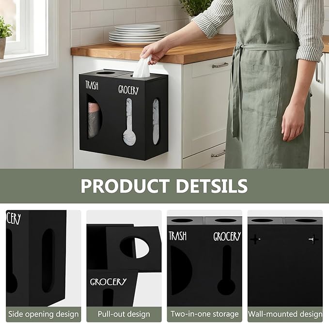 2 in 1 Trash Bag Dispenser, Double Wall Mounted,Wood Trash Bag Holder, used in kitchen, garage, laundry room, can store Environmentally friendly food bags and garbage bags(Black/Large)