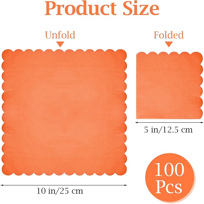 100 Pcs Cocktail Napkins, 2-Ply 5 x 5 Inches Disposable Scalloped Napkins, Thick Premium Dessert Napkins for Party, Wedding, Dinner, Birthday, Anniversary, Festival (Orange)