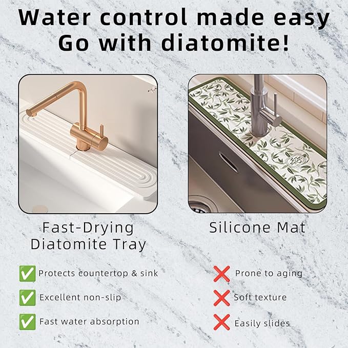 sumelixDiatomaceous Earth Faucet Mat for Kitchen Sink, Super Absorbent Stone Splash Guard | Fast Drying Water Absorbent Tray | Fits Behind Faucet (23.6'' x 4'') (White, 23.6" x 4")