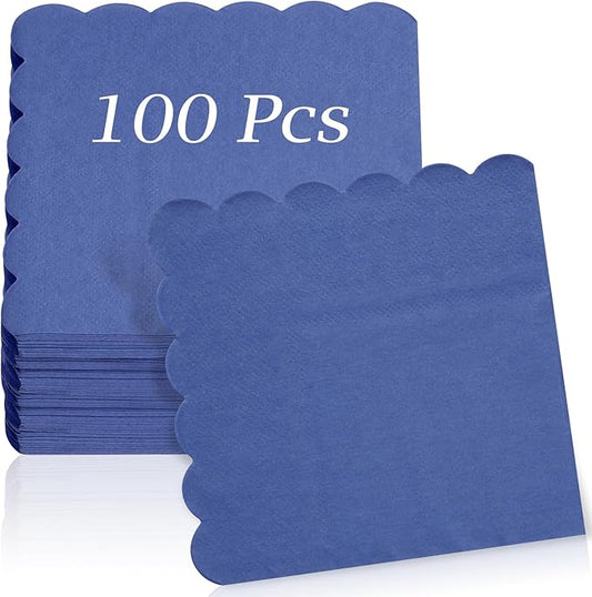 100 Pcs Cocktail Napkins, 2-Ply 5 x 5 Inches Disposable Scalloped Napkins, Thick Premium Dessert Napkins for Party, Wedding, Dinner, Birthday, Anniversary, Festival (Navy Blue)