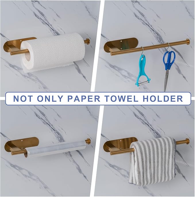Honmein Paper Towel Holder, Upgrade SUS304 Stainless Steel Paper Towel Holder Under Cabinet, Bend-Resistant, Self-Adhesive or Drill mounting (Gold)