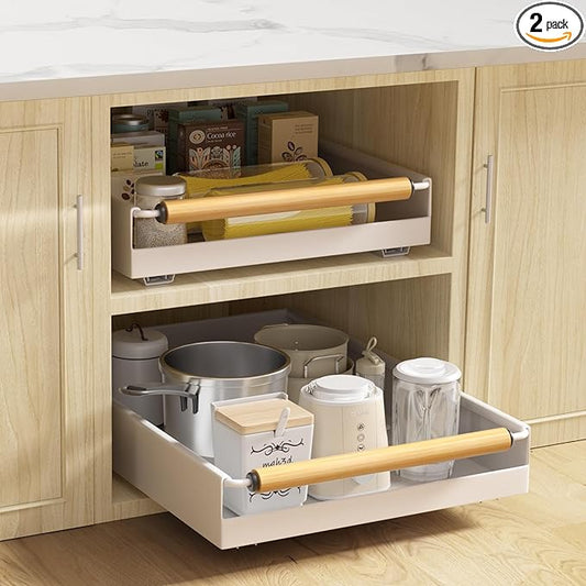 2 Pack Pull Out Cabinet Organizer, 15.3'' Deep Expandable Slide Out Cabinet Organizer Fixed with Adhesive Nano Film, Slide Out Drawers Pull Out Tray for Cabinet in Kitchen, Pantry, Bathroom, White