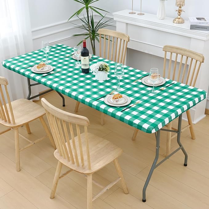 Smiry Picnic Table Cloth 2 Pack, Waterproof Elastic Fitted Tablecloths for 24x48 Rectangle Tables, Washable Polyester Buffalo Plaid Tablecloth for Camping, Dining & Outdoor (Green & White, 24" x 48")