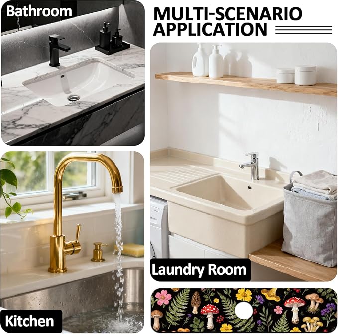 2 Pcs Kitchen Sink Splash Guard Faucet Mats Colorful Mushrooms and Flowers Pattern Faucet Mat for Sinks Leaves Absorbing Drying Mat for Kitchen Bathroom, 23.6x5.5inch