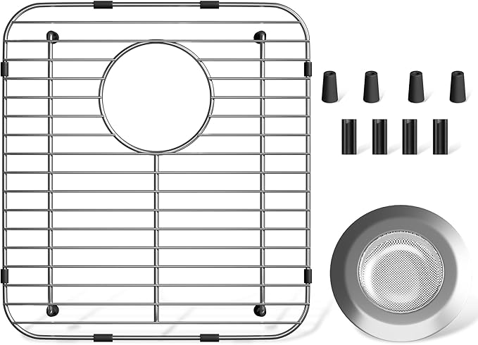 Sink Protectors for Kitchen Sink 13.1''x11.6''x1'', 304 Stainless Steel for Kitchen Sink Grate with Rear Drain, Sink Grate Sink Rack for Bottom of Sink with Sink Strainer
