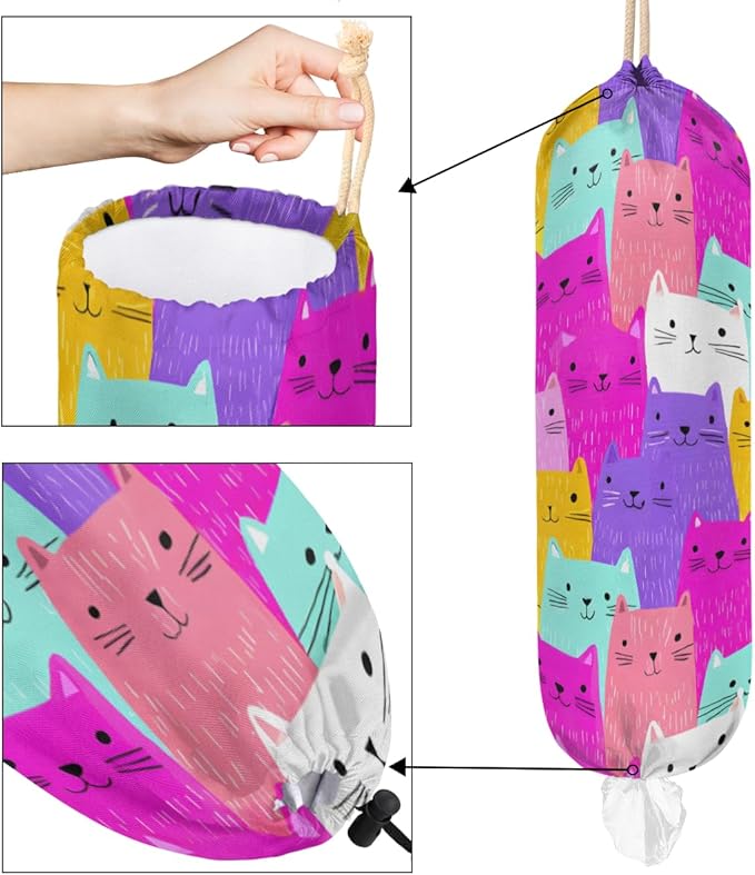 Pardick Plastic Bag Holder, Colorful Cartoon Cat Cute Grocery Bag Holder for Shopping Bags, Wall Mount Plastic Bag Storage Organizer Dispenser, Storage Holder for Home Kitchen Camper,A-17