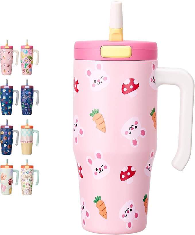 Fijinhom 25 oz Insulated Tumbler with Handle, Stainless Steel Insulated Water Bottle Coffee Mug with Straw, Coffee Cups, Cute Water Bottle for Sports, Travel, Lunch, Pink Bunny