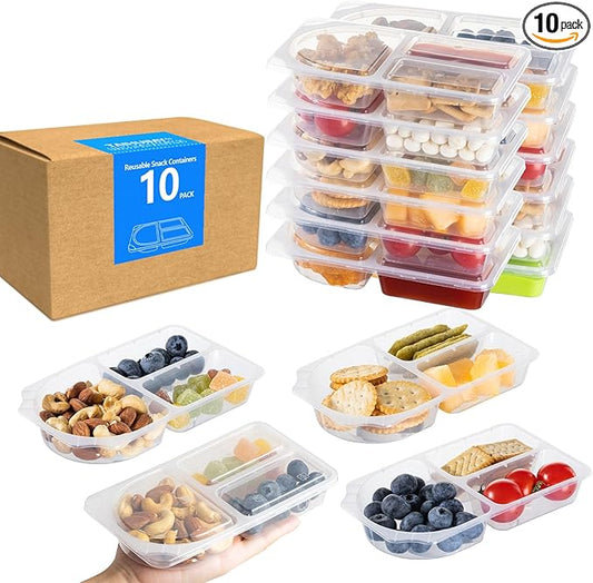 TAIHUIMY 9oz Reusable Snack Containers with Lids for Kid, New 3 Compartment Large Capacity Condiment Portion Control Meal Prep Containers for School lunch, Go out Travel, Party (10, 9, ounces)